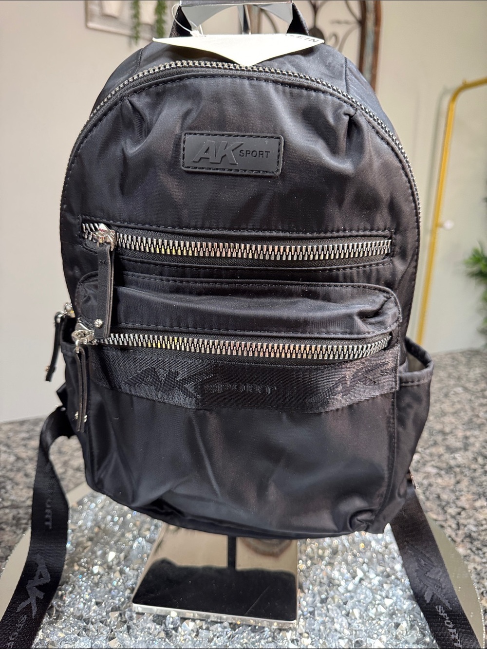 Anne Klein Black Nylon Medium Backpack with Silver Zippers NWT